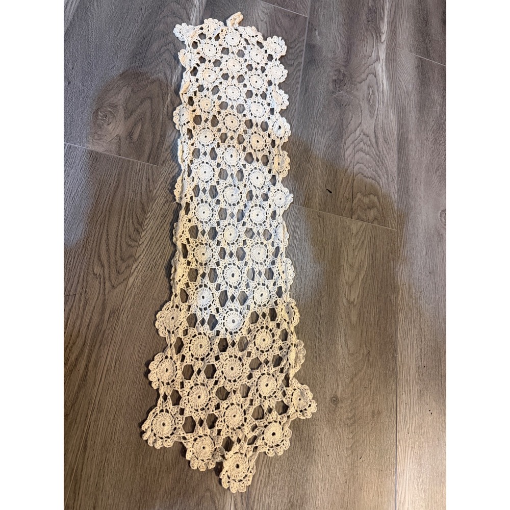 Table Runner Cream Crochet Floral Medallion Vintage Handmade Cottagecore Boho